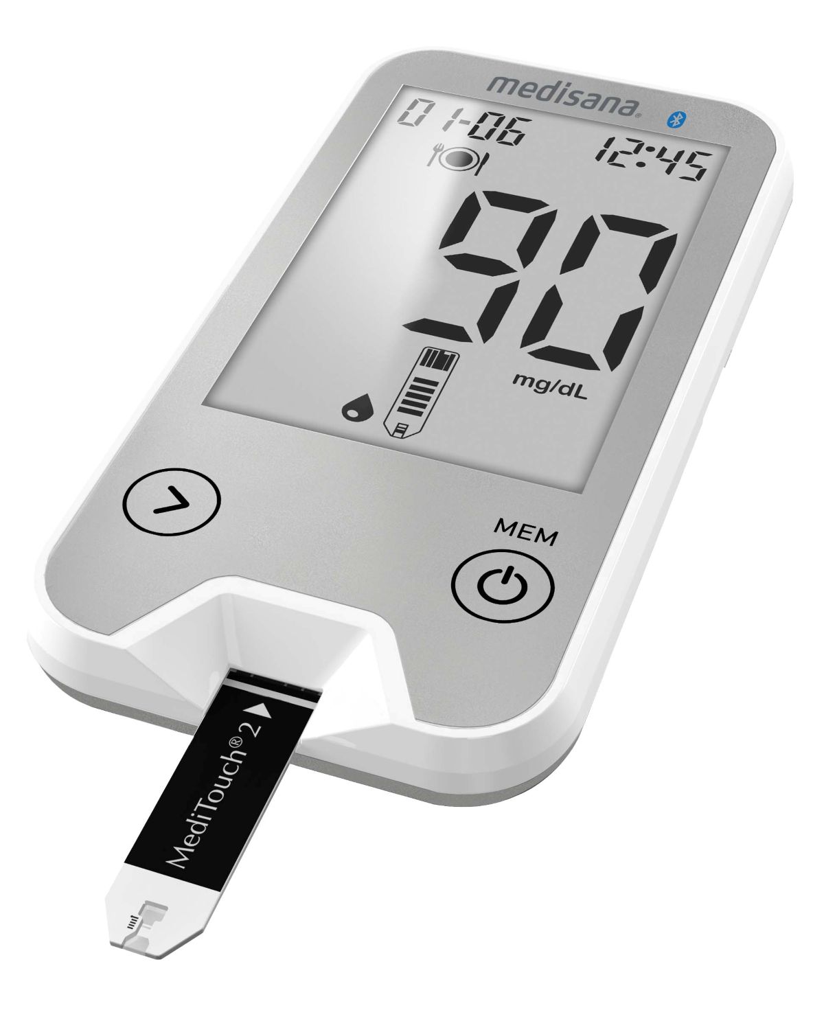 medisana blood glucose meter with inserted test strip and clear digital display.